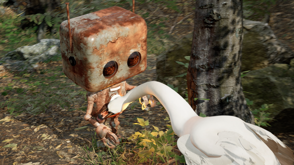 Image featuring a scene from 'Sydney and Socket,' a heartwarming animated short film by Jennifer Mcknew using CenterGrid Virtual Studio for a CGPro Class. The image showcases vibrant colors and detailed character designs, with Sydney the swan and Socket the robot interacting in a picturesque setting. The scene evokes themes of friendship, hope, and inclusion, capturing the essence of the film's emotional journey.